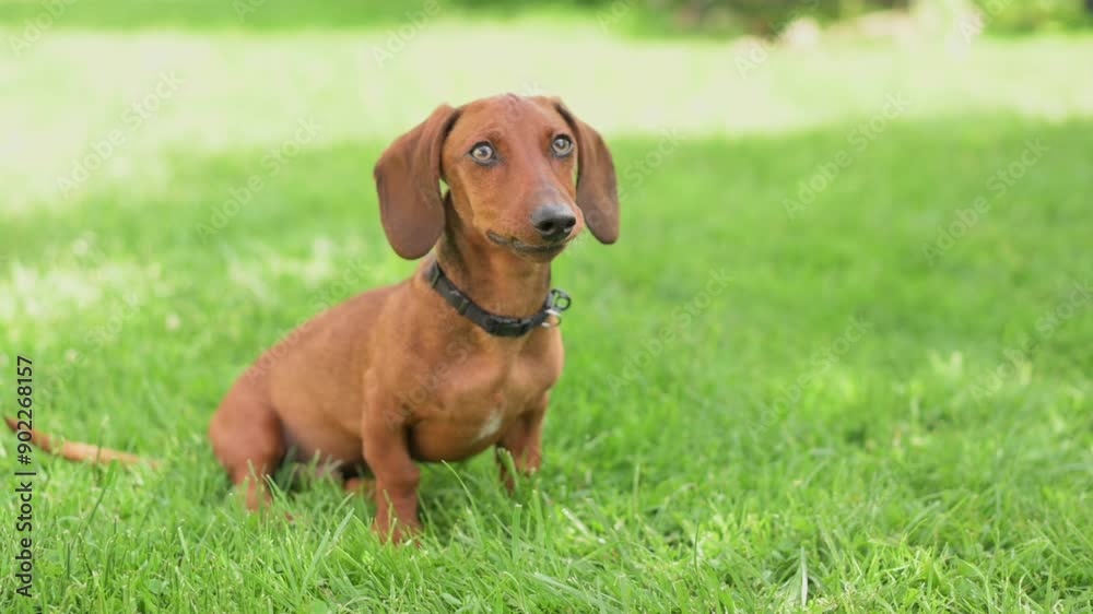 A cute dachshund with a curious expression sits on green grass, looking up. Perfect for themes related to pets, animals, and outdoor fun. High quality 4k footage A cute dachshund with a curious expression sits on green grass, looking up. Perfect for themes related to pets, animals, and outdoor fun. High quality 4k footage