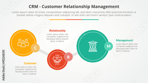CRM customer relationship management infographic concept for slide presentation with big circle timeline up and down with 3 point list with flat style