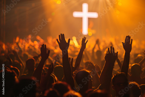 a crowd of people raising their hands in front of a cross