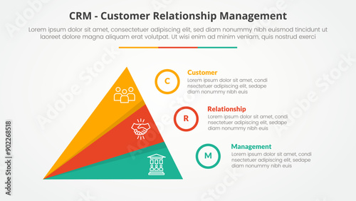 CRM customer relationship management infographic concept for slide presentation with creative slice triangle pyramid with 3 point list with flat style