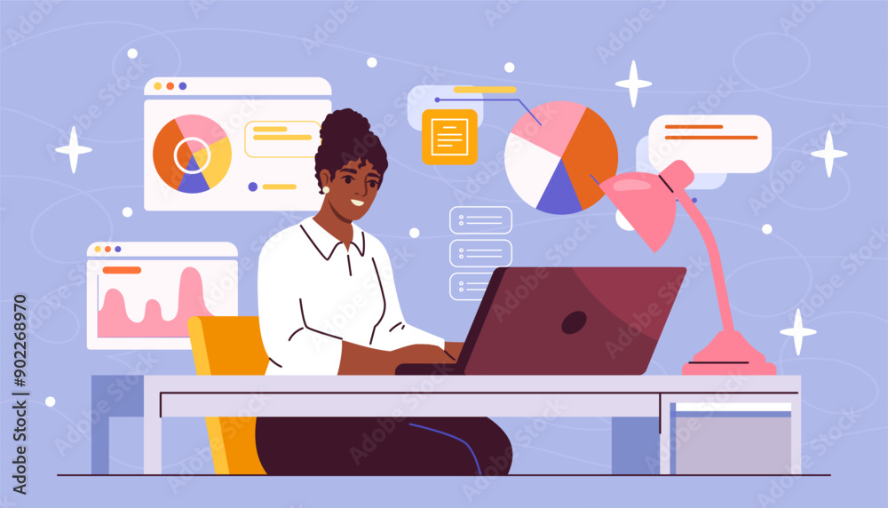 Obraz premium Businesswoman with laptop. Young girl sits at table near graphs and diagrams. Businessman or manager in office. Workflow of trader or investor. Flat vector illustration isolated on blue background