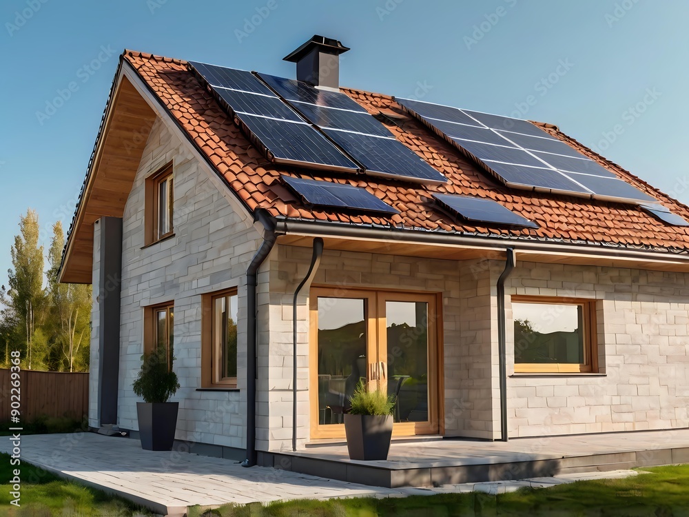 Close-up of a new suburban house with a photovoltaic system on the roof. Simple and modern environmentally friendly house with solar panels on the gable roof, with sunlight during the day Close-up of a new suburban house with a photovoltaic system on the roof. Simple and modern environmentally friendly house with solar panels on the gable roof, with sunlight during the day
