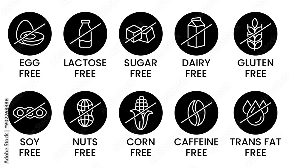 Set allergen free icons. Allergen free products. Products warning symbols. Lactose, gluten, sugar, corn, egg, trans fat, soy, nuts free, coffeine sign. Set allergen free icons. Allergen free products. Products warning symbols. Lactose, gluten, sugar, corn, egg, trans fat, soy, nuts free, coffeine sign.