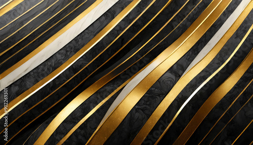 Abstract luxurious porcelain wall or marble stone surface texture, background or wallpaper, with black color, straight and wavy luxury gold stripes and elegant golden lines.