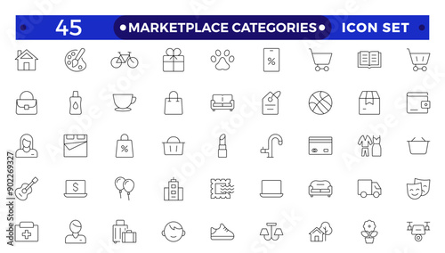 Marketplace Categories outline Icons set. Vector illustration in modern thin line style of e-commerce related icons: household goods, electronics and household appliances, clothing, and more.