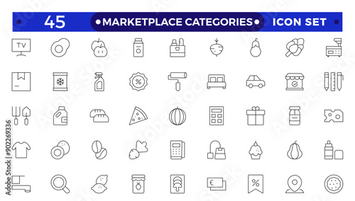 Marketplace Categories outline Icons set. Vector illustration in modern thin line style of e-commerce related icons: household goods, electronics and household appliances, clothing, and more.