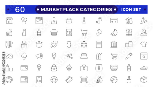 Marketplace Categories outline Icons set. Vector illustration in modern thin line style of e-commerce related icons: household goods, electronics and household appliances, clothing, and more.