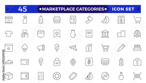 Marketplace Categories outline Icons set. Vector illustration in modern thin line style of e-commerce related icons: household goods, electronics and household appliances, clothing, and more.