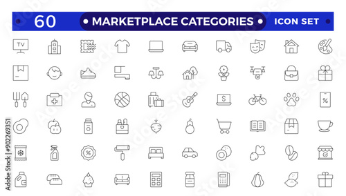 Marketplace Categories outline Icons set. Vector illustration in modern thin line style of e-commerce related icons: household goods, electronics and household appliances, clothing, and more.