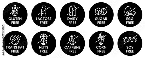 Set allergen free icons. Allergen free products. Products warning symbols. Lactose, gluten, sugar, corn, egg, trans fat, soy, nuts free, coffeine sign.