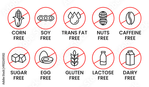 Set allergen free icons. Allergen free products. Products warning symbols. Lactose, gluten, sugar, corn, egg, trans fat, soy, nuts free, coffeine sign.