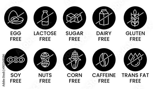 Set allergen free icons. Allergen free products. Products warning symbols. Lactose, gluten, sugar, corn, egg, trans fat, soy, nuts free, coffeine sign.