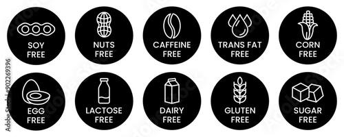 Set allergen free icons. Allergen free products. Products warning symbols. Lactose, gluten, sugar, corn, egg, trans fat, soy, nuts free, coffeine sign.