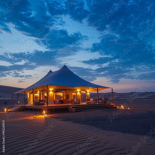 Desert night resort. Glamping arabic tents. Desert camp in Wahiba Sands, Sharqiya. Oman. photo