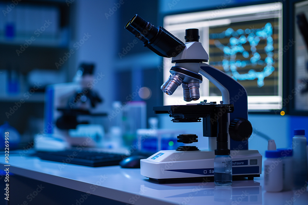 Fototapeta premium Microscope Research Medical DNA Biotechnology Laboratory, close up.