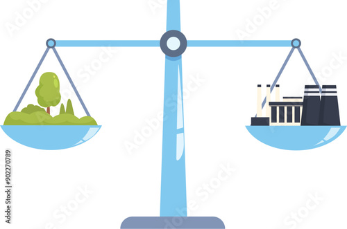 Illustration of a balance scale comparing nature and industrial pollution highlighting environmental issues