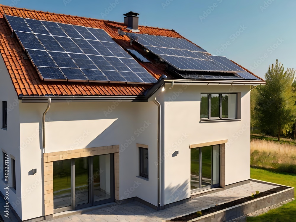 Close-up of a new suburban house with a photovoltaic system on the roof. Simple and modern environmentally friendly house with solar panels on the gable roof, with sunlight during the day Close-up of a new suburban house with a photovoltaic system on the roof. Simple and modern environmentally friendly house with solar panels on the gable roof, with sunlight during the day