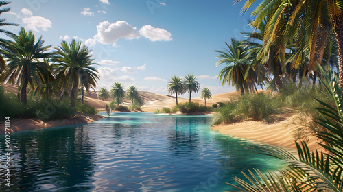 A tranquil oasis with a sparkling lagoon in the middle of the desert.