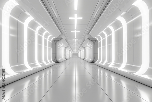 A futuristic white hallway with a glowing LED light, square LED light hallway corridor.
