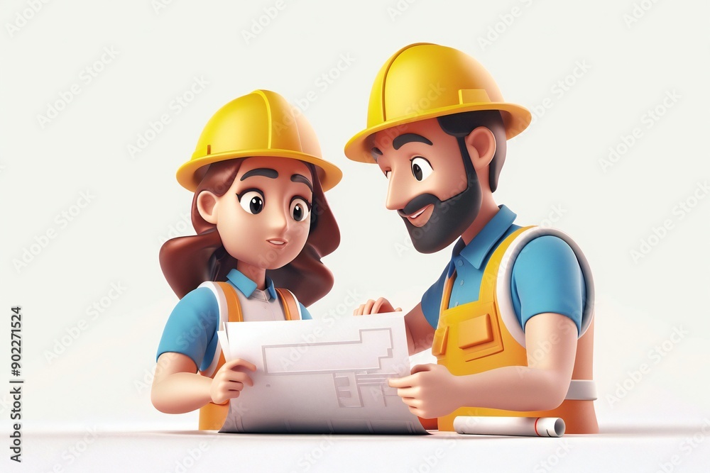 Male and female construction workers characters with helmets and blueprints. Cartoon 3D illustration set of man and woman building a structure, generated by ai Male and female construction workers characters with helmets and blueprints. Cartoon 3D illustration set of man and woman building a structure, generated by ai