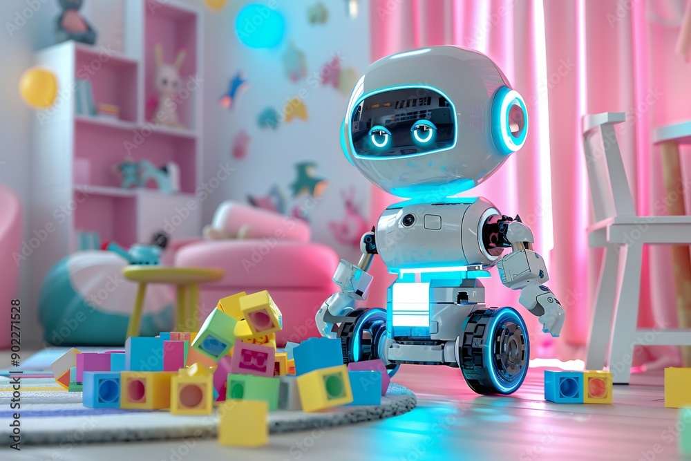 Little girl robot playing with building blocks in a children's room , generated by ai Little girl robot playing with building blocks in a children's room , generated by ai