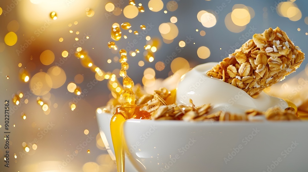 Wholesome Delight - Granola Bar with Oats and Honey Splashing into Bowl of Yogurt, Yogurt Splash Focus Wholesome Delight - Granola Bar with Oats and Honey Splashing into Bowl of Yogurt, Yogurt Splash Focus