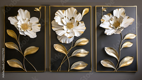 Set of three elegant 3D floral wall art panels with white and gold flowers on a black background photo