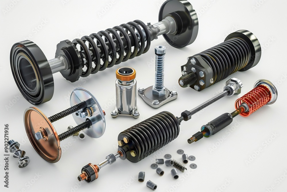 3d illustration of auto parts car shock absorber, oil canister, fuel and air filters on white isolated background. Car Repair Parts , generated by ai 3d illustration of auto parts car shock absorber, oil canister, fuel and air filters on white isolated background. Car Repair Parts , generated by ai