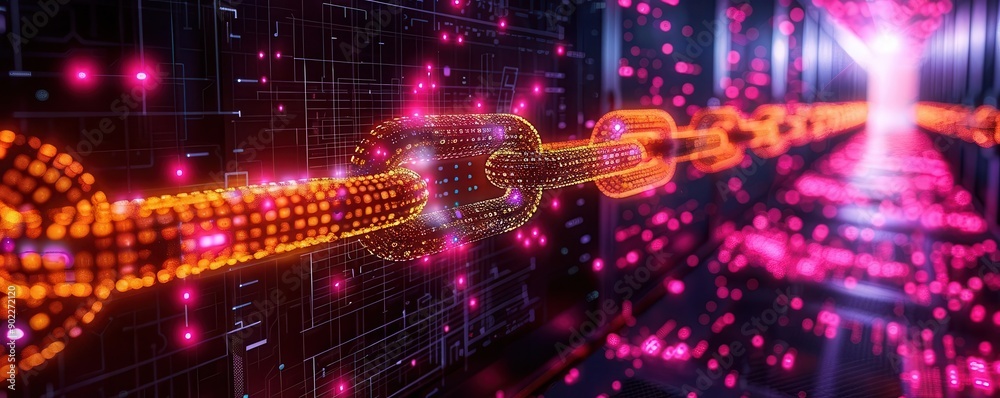 Futuristic digital network with glowing particles and connected chains, representing data flow and innovation in technology. Futuristic digital network with glowing particles and connected chains, representing data flow and innovation in technology.