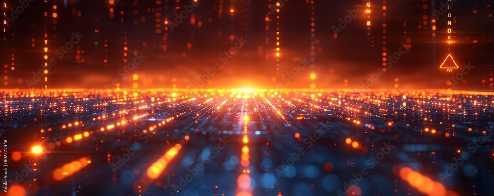 Futuristic digital landscape with glowing particles and vibrant lines, representing technology and innovation in a virtual space. Futuristic digital landscape with glowing particles and vibrant lines, representing technology and innovation in a virtual space.
