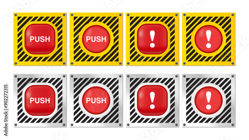 Urgent Red Alert Emergency Panic and Alarm Button with Exclamation Mark Symbol. Vector Illustration.
