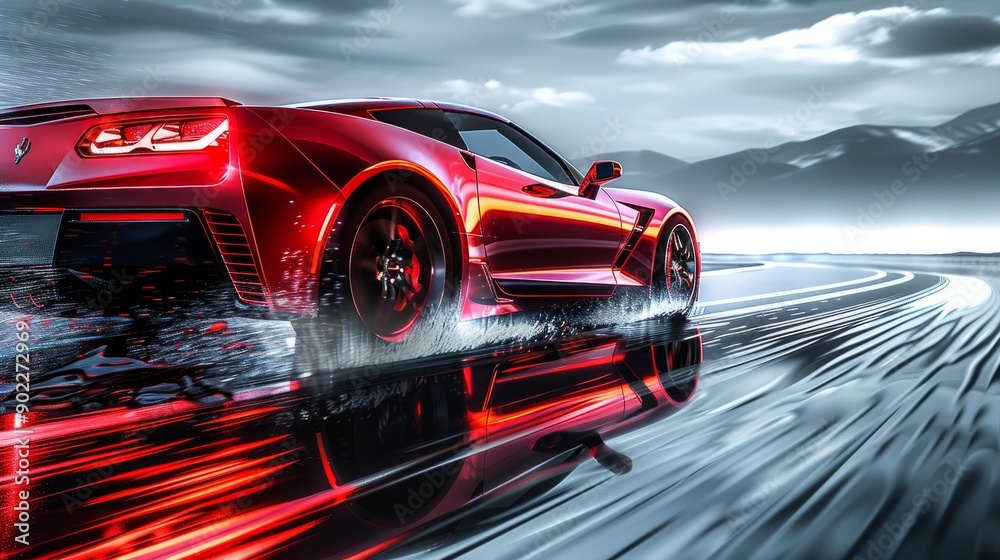 Naklejka premium Futuristic Sport Car on the cityscape. Powerful acceleration of super cars on night tracks with colorful lights and tracks. 