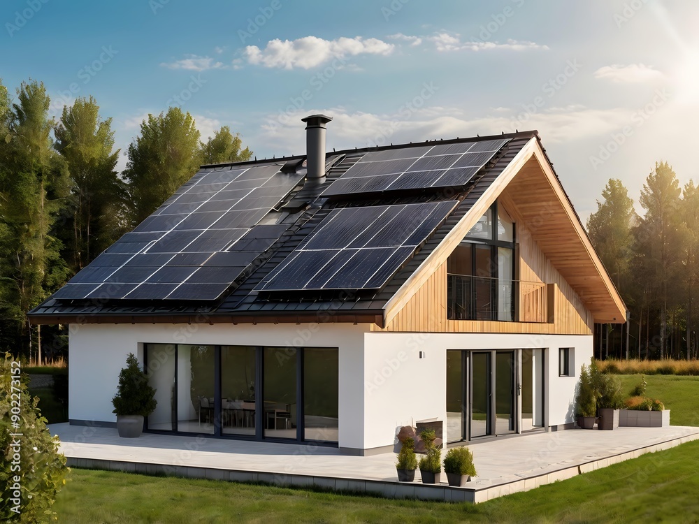 Close-up of a new suburban house with a photovoltaic system on the roof. Simple and modern environmentally friendly house with solar panels on the gable roof, with sunlight during the day