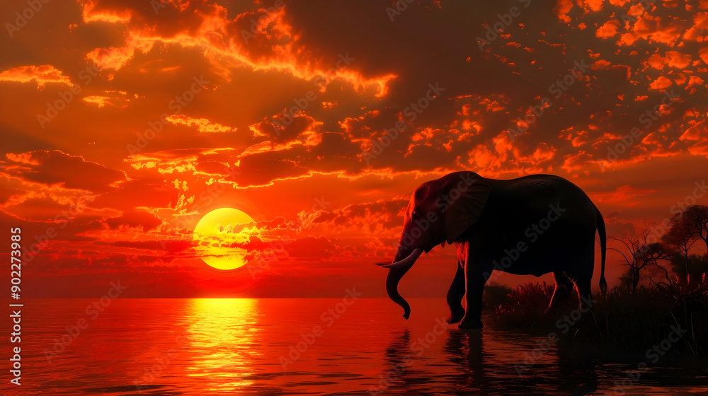 Fototapeta premium Magnificent African elephant silhouetted against a breathtaking orange and red sunset over a tranquil lake or watering hole on an African safari