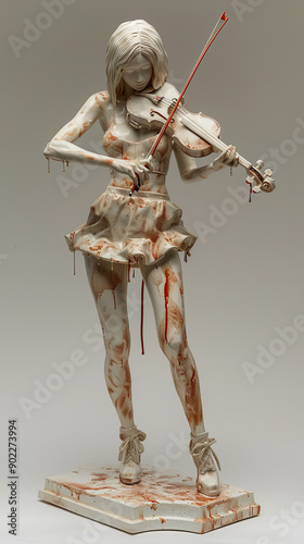 Statue of a young woman playing the violin, with vibrant paint splashes on her body. Ideal for music album covers or social media design. photo