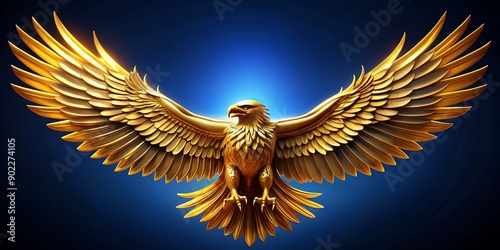 Majestic gold eagle with outstretched wings proudly displays a symbol-emblazoned shield on its chest against a bold, vibrant blue background, exuding power and freedom.