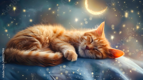 Cute and cozy cat or feline animal peacefully sleeping on a crescent moon against a starry night sky filled with twinkling lights  A whimsical magical and serene digital or digital art of a dreaming