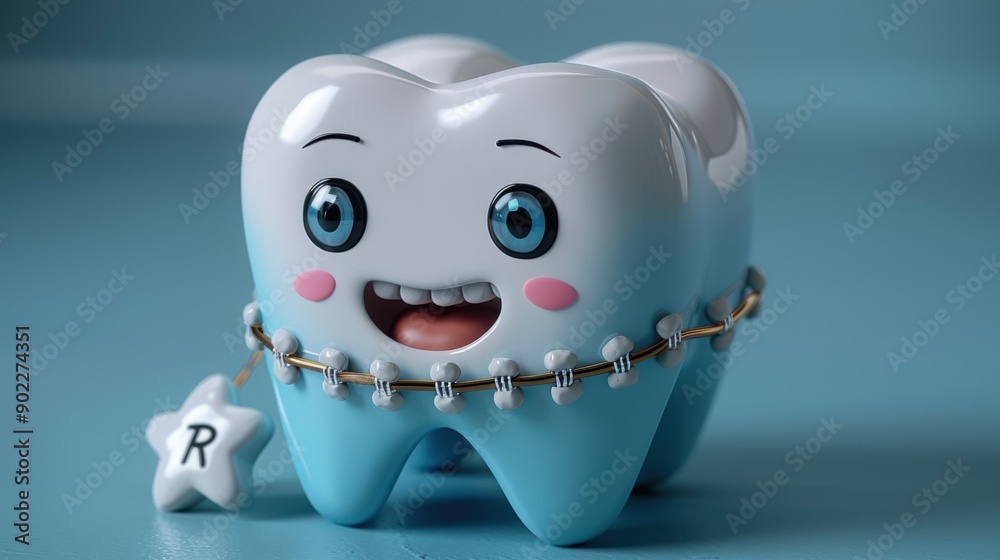A Cute and Cheerful Cartoon Tooth with Braces and a Star Charm, Representing Dental Health and Care A Cute and Cheerful Cartoon Tooth with Braces and a Star Charm, Representing Dental Health and Care
