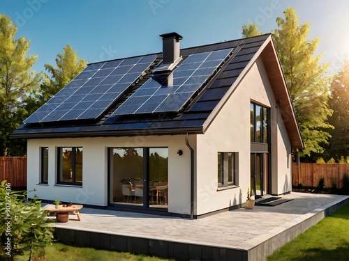 Close-up of a new suburban house with a photovoltaic system on the roof. Simple and modern environmentally friendly house with solar panels on the gable roof, with sunlight during the day © Rafli