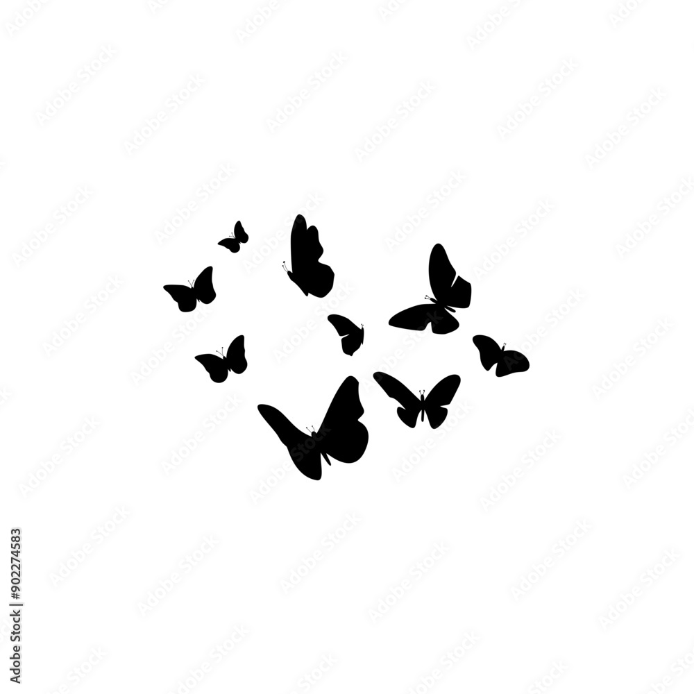 Flying butterflies silhouettes. Flock of butterflies on white background. Vector design element. Flying butterflies silhouettes. Flock of butterflies on white background. Vector design element.