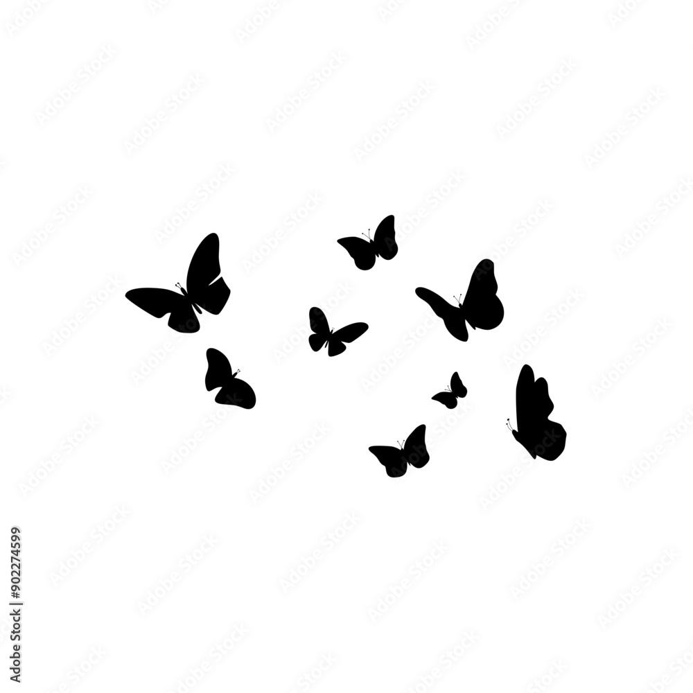 Flying butterflies silhouettes. Flock of butterflies on white background. Vector design element. Flying butterflies silhouettes. Flock of butterflies on white background. Vector design element.