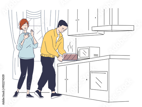 Cooking process at kitchen. Man and woman with hot cake in kitchen. Family preparing dessert and delicacy. Culinary and preparation. Linear vector illustration isolated on white background