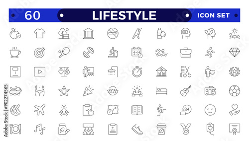 Lifestyle icon set. Containing healthy lifestyle, diet, exercise, sleep, relationships, running, routine, self-care, culture and hobbies icons. Outline icon collection.