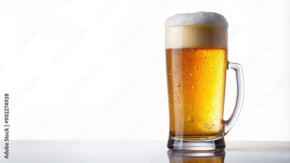 Frothy cold beer fills a sleek transparent glass, condensation drips down the side, isolated on a crisp white background, emphasizing the refreshing drink's appeal. Frothy cold beer fills a sleek transparent glass, condensation drips down the side, isolated on a crisp white background, emphasizing the refreshing drink's appeal.