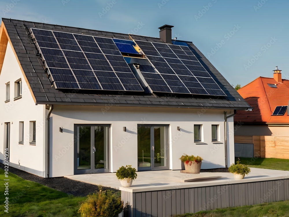 Close-up of a new suburban house with a photovoltaic system on the roof. Simple and modern environmentally friendly house with solar panels on the gable roof, with sunlight during the day Close-up of a new suburban house with a photovoltaic system on the roof. Simple and modern environmentally friendly house with solar panels on the gable roof, with sunlight during the day