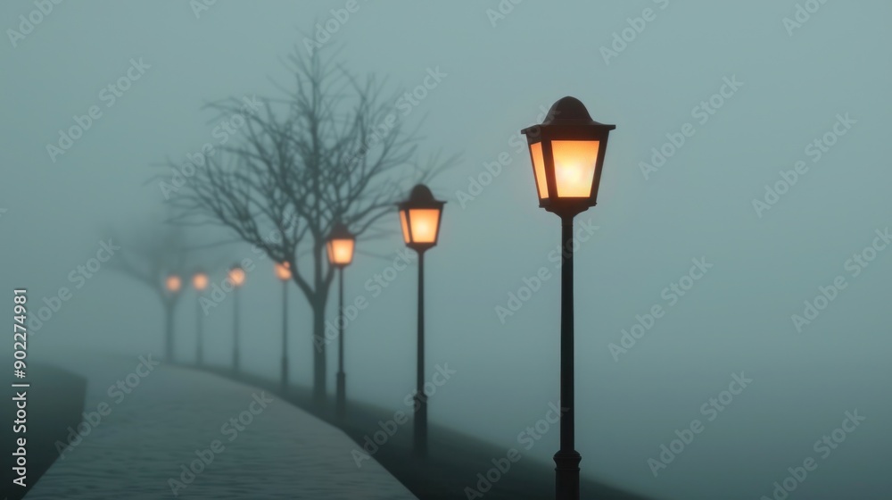 Eerie Foggy Street with Glowing Gas Lamps on Halloween Night, Spooky Atmosphere with Bare Trees and Misty Pathway Eerie Foggy Street with Glowing Gas Lamps on Halloween Night, Spooky Atmosphere with Bare Trees and Misty Pathway