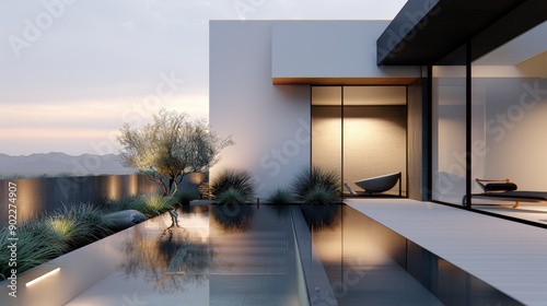 Modern Architectural House with Pool at Sunset in a Tranquil Location Showing Serenity photo