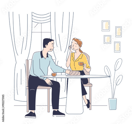 Couple drinking tea. Man and woman sitting with mugs of hot drink. Romantic date and meeting at home. People with coffee at kitchen. Linear vector illustration isolated on white background