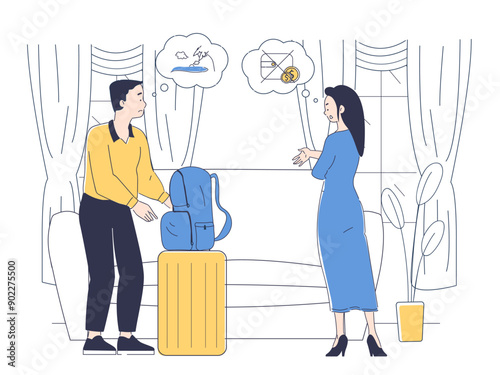 Couple without money. Man and woman dream of traveling. Poor young couple at home. Family with financial problems. Savings and budget. Linear vector illustration isolated on white background