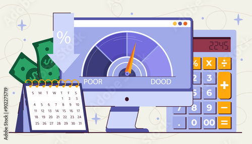 Credit score concept. Computer monitor near calculator. Financial literacy, budgeting and accounting. Bank gauge indicator program. Flat vector illustration isolated on grey background